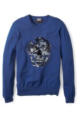 Markus Lupfer Blue Sequin Skull Merino Crew Knit