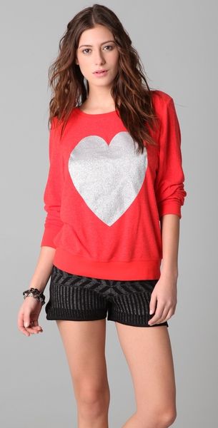 Wildfox Silver Sparkle Heart Baggy Beach Sweatshirt in Red - Lyst