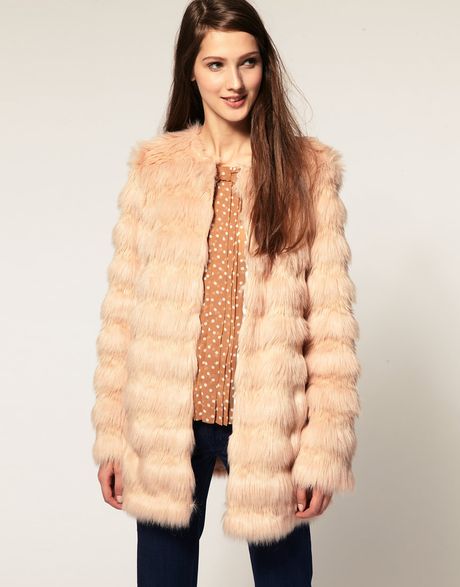 Asos Collection Asos Stripe Faux Fur Coat in Pink | Lyst