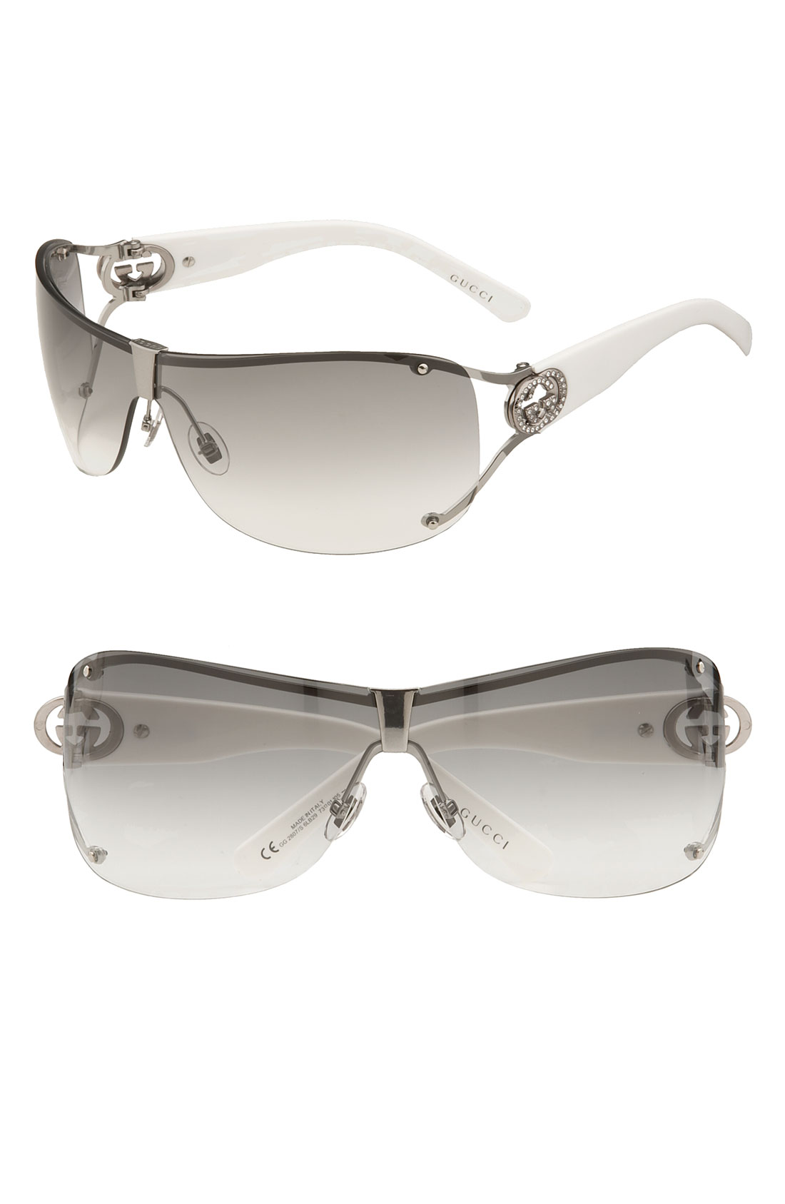 Gucci 73Mm Shield Sunglasses With Crystal Logo Detail in White (silver