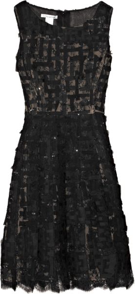 Oscar De La Renta Sequined Chiffon and Chantilly Lace Dress in Black - Lyst