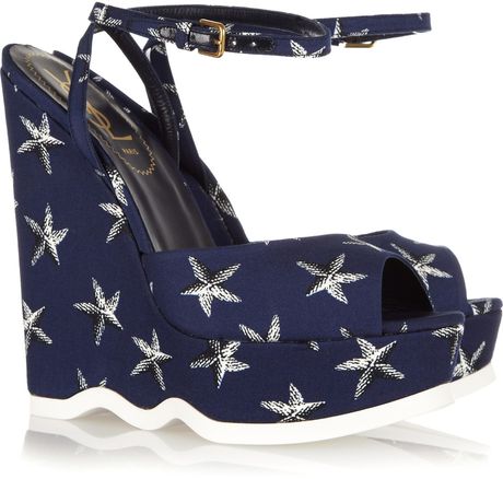 Yves Saint Laurent Riviera Starfishprint Canvas Wedge Sandals in Blue (white) - Lyst