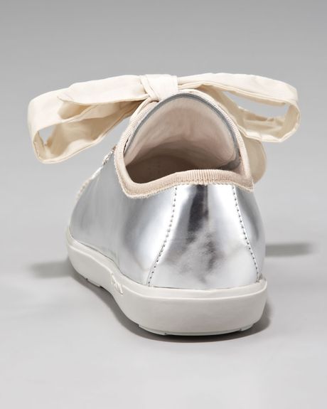 Prada Metallic Lace Up Sneaker In Silver Lyst 9666