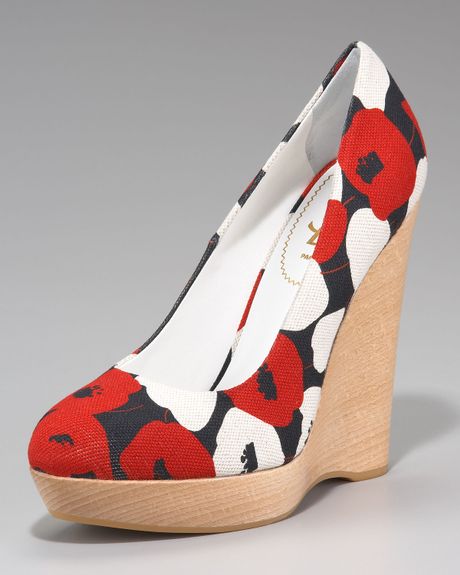 Saint Laurent Poppy-print Canvas Wedge Pump in Red (red natural ...