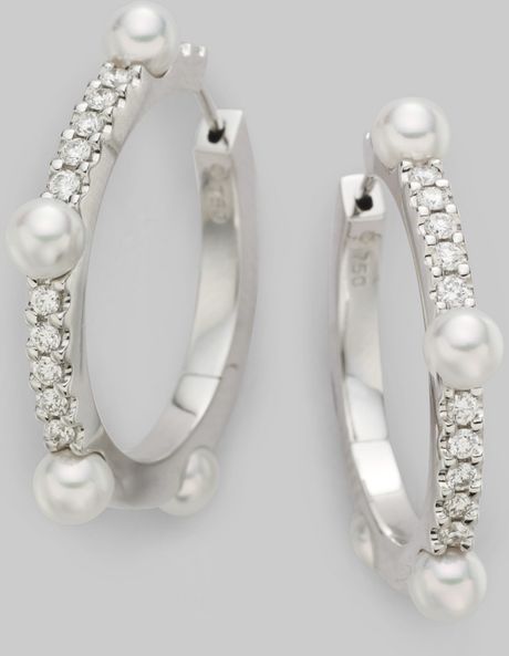 Mikimoto 3.5mm Cultured Pearl, Diamond & 18k White Gold Hoop Earrings in Silver - Lyst