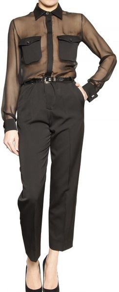 Ferragamo Silk Chiffon & Chic Wool Canvas Jumpsuit in Black - Lyst