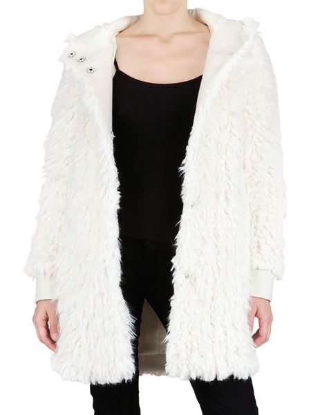 John Galliano Hooded Faux Fur Coat in White - Lyst