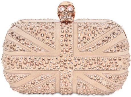 Alexander Mcqueen Suede & Swarovski Britannia Skull Clutch in Pink - Lyst