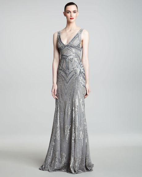 Monique Lhuillier Art Deco Embroidered Gown In Silver 