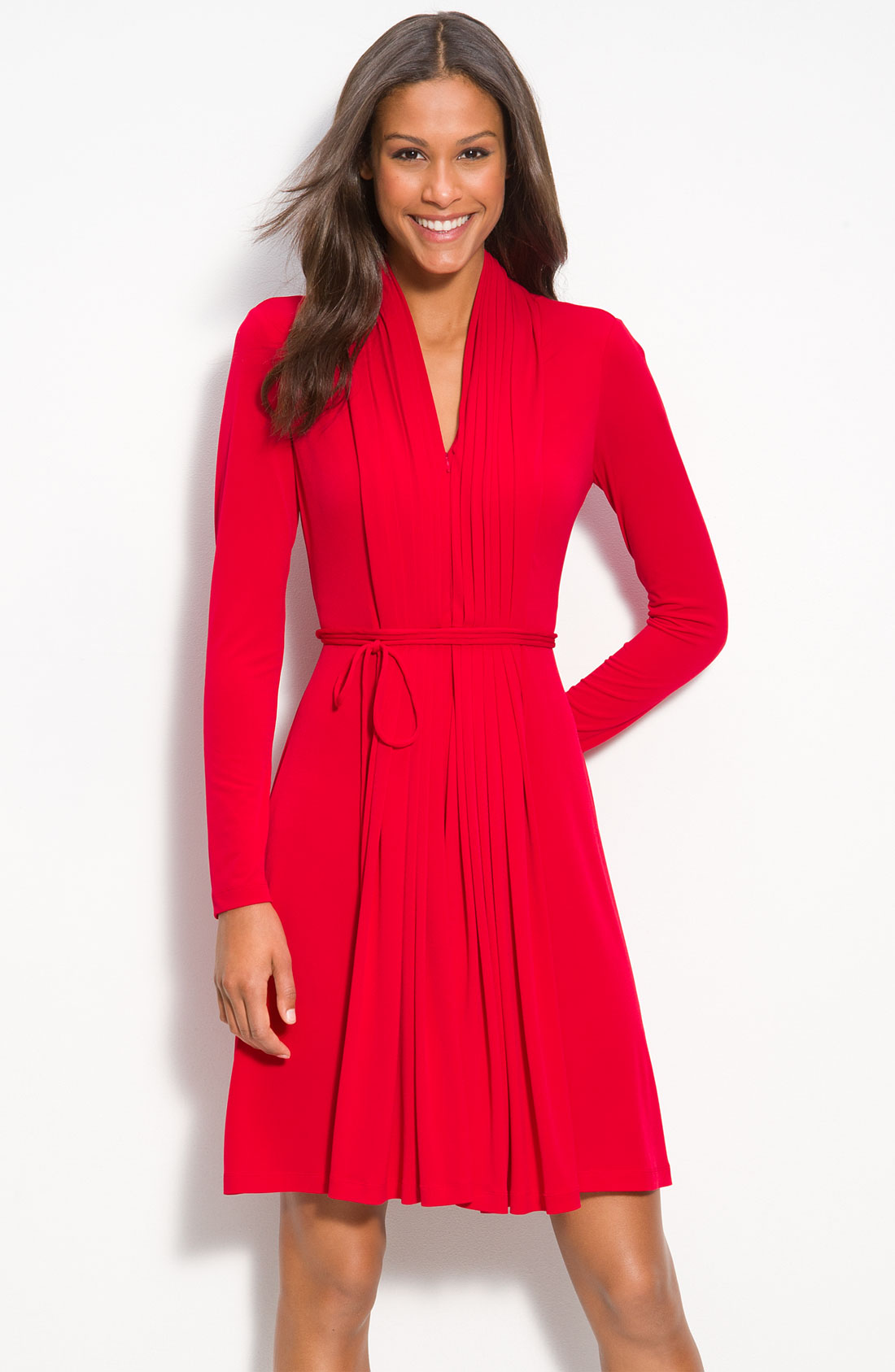 Calvin Klein Pleat Front Jersey Dress in Red