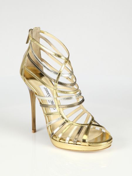 Jimmy Choo Virginia Metallic Leather Cage Sandals in Gold (multi) - Lyst