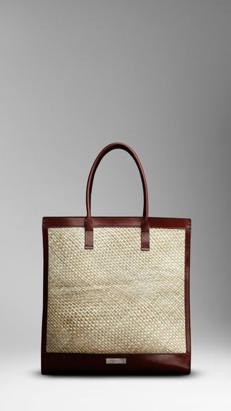 Burberry Large Leather Detail Woven Tote - Lyst