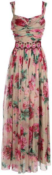 Dolce & Gabbana Floral Printed Silk Dress with Crystal Brooches in Multicolor (beige) - Lyst