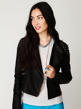  Embellished Vegan Leather Motorcycle Jacket 