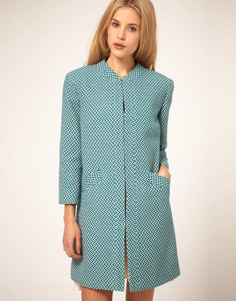 Asos Collection Asos Zig Zag Coat in Blue (greenivory) - Lyst