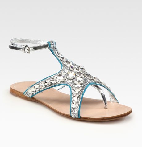 Miu Miu Glitter Metallic Leather and Suede Starfish Sandals in Blue - Lyst