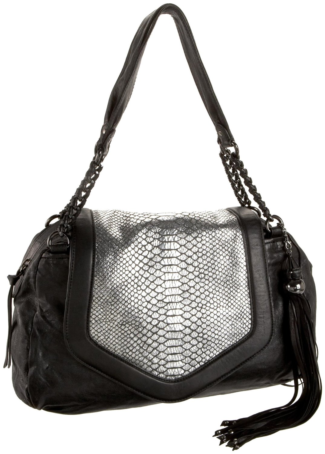 Nanette Lepore Handbags Contrast Cobra Embossed Flap Satchel in Black