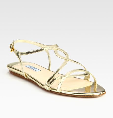 Prada Metallic Leather Flat Sandals in Gold | Lyst