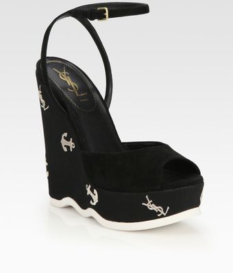 Yves Saint Laurent Suede Anchor-Stitched Wedge Sandals - Lyst