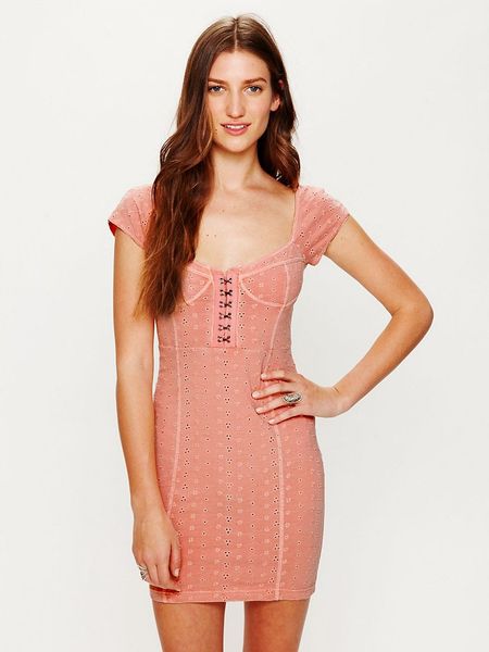 Free People Stretch Eyelet Bodycon in Pink (soft coral) - Lyst