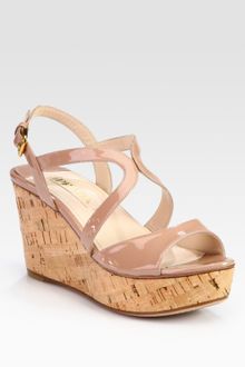 Prada Patent Leather and Cork Wedge Sandals - Lyst