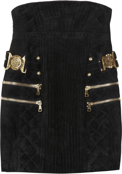Balmain Highwaisted Quilted Suede Skirt in Black - Lyst
