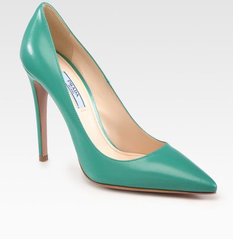 Prada Capretto Leather Point Toe Pumps in Green (aquamarine) - Lyst