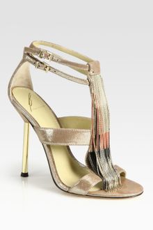 B Brian Atwood Lenoire Metallic Leather Metal-fringe T-strap Sandals - Lyst