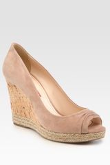 Prada Suede Peep Toe Cork Wedge Pumps