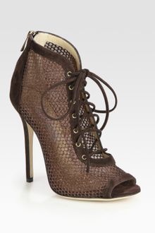Jimmy Choo Tegan Lace-up Suede and Glitter-coated Mesh Peep Toe Ankle Boots - Lyst