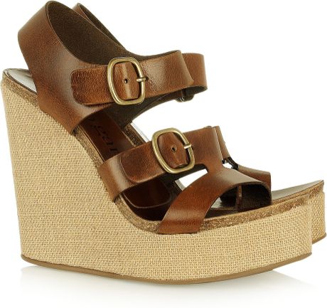 Pedro Garcia Teri Leather and Canvas Wedge Sandals in Brown - Lyst