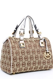 Michael Kors Medium Grayson Monogram Satchel, Beige/ebony/vanilla - Lyst