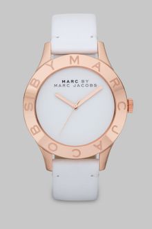 Marc By Marc Jacobs Rose Goldtone Ion-plated Logo Matte Leather Watch/white - Lyst