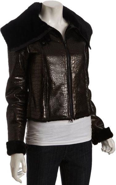 Alice + Olivia Black Croc Embossed Leather Shearling Lined Jacket in Black - Lyst