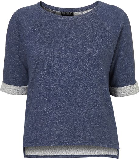 Topshop Crop Roll Sleeve Sweat in Blue (denim) - Lyst