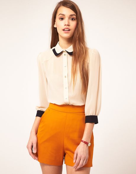 Asos Collection Asos Blouse with Double Collar in Beige (cream) - Lyst