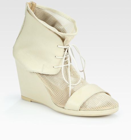 Maison Martin Margiela Laceup Mesh and Leather Wedge Ankle Boots in Beige (nude) - Lyst
