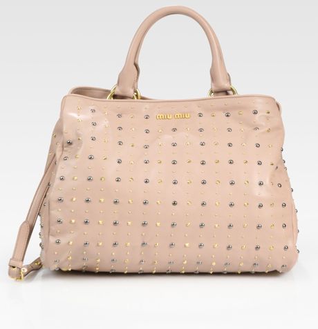 Miu Miu Studded Leather Top Handle Bag in Beige (black) - Lyst