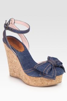 RED Valentino Denim Wedge Bow Sandals - Lyst