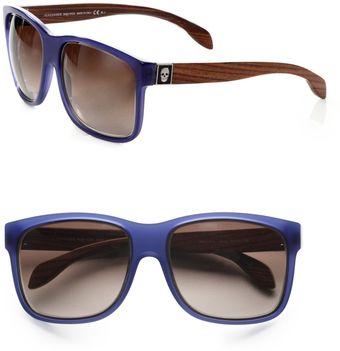  Wood Accented Plastic Rectangular Sunglasses 