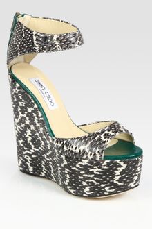 Jimmy Choo Topaz Elaphe Snakeskin and Patent Leather Wedge Sandals - Lyst
