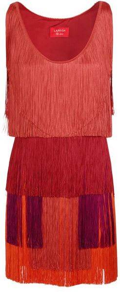 Lanvin Tiered Fringed Silk Satin Dress in Red (multi) - Lyst
