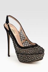 Valentino Crystal-coated Suede, Leather and Mesh Slingback Pumps