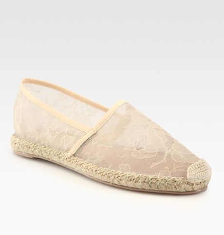 Valentino Semisheer Lace and Leather Espadrille Loafers in Beige (nude) - Lyst