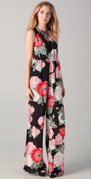  One Shoulder Silk Jumpsuit with Flower Print 