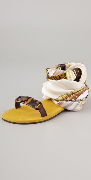 Avec Moderation Print Scarf Ankle Wrap Sandals in Gold - Lyst