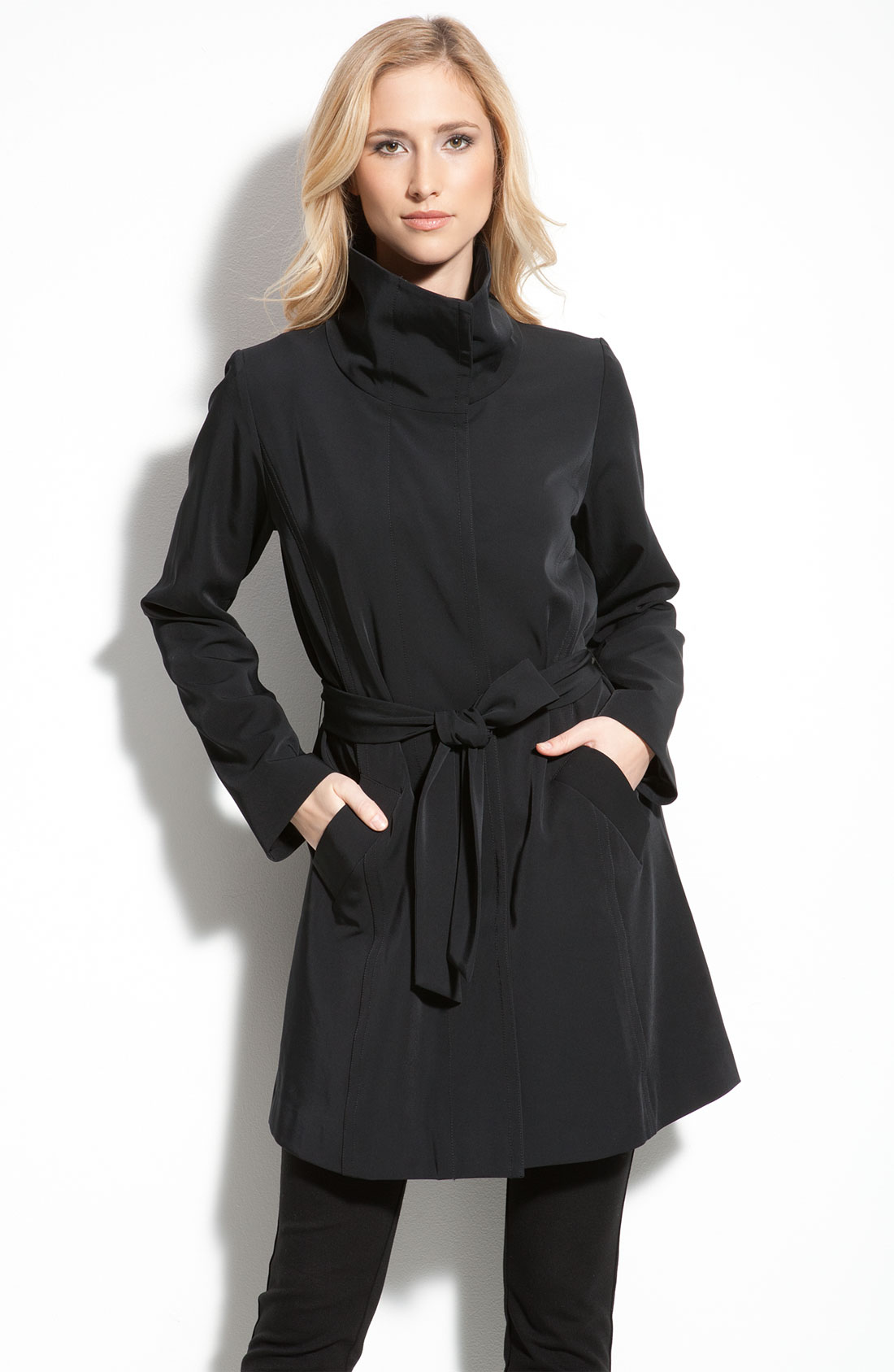 Eileen Fisher Funnel Neck Raincoat in Black Lyst