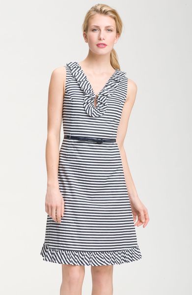 Kate Spade Henley Ruffle Striped Dress in Black (white/midnight) - Lyst
