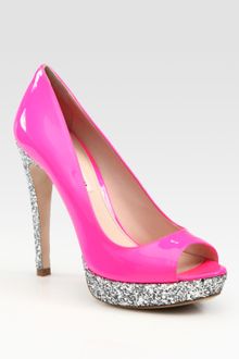 Miu Miu Glitter Patent Leather Peep Toe Platform Pumps - Lyst