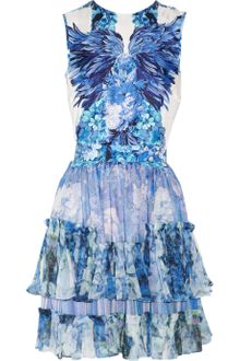 Roberto Cavalli Floral-Print Silk-Satin And Silk-Chiffon Dress - Lyst